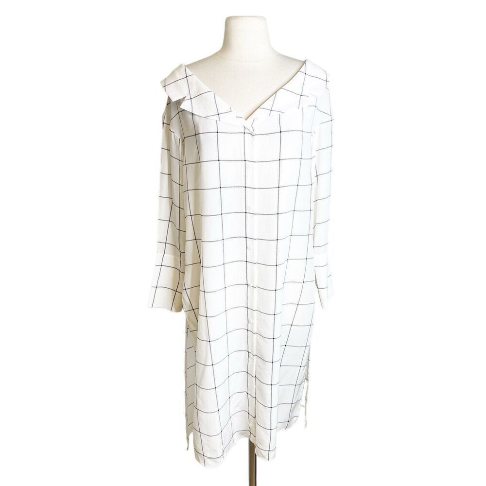 Alice + Olivia S Small Silk Window Pane Tunic Blouse White Plaid Long‎ Shirt Top